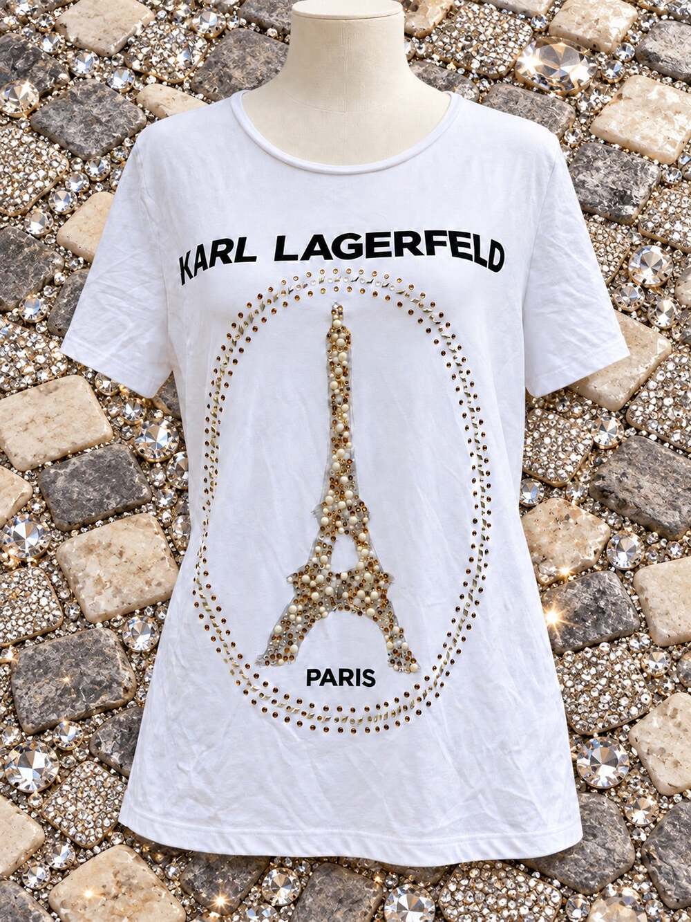 Karl Lagerfeld Paris Eiffel Tower Pearl Rhinestone White Tee Size Medium